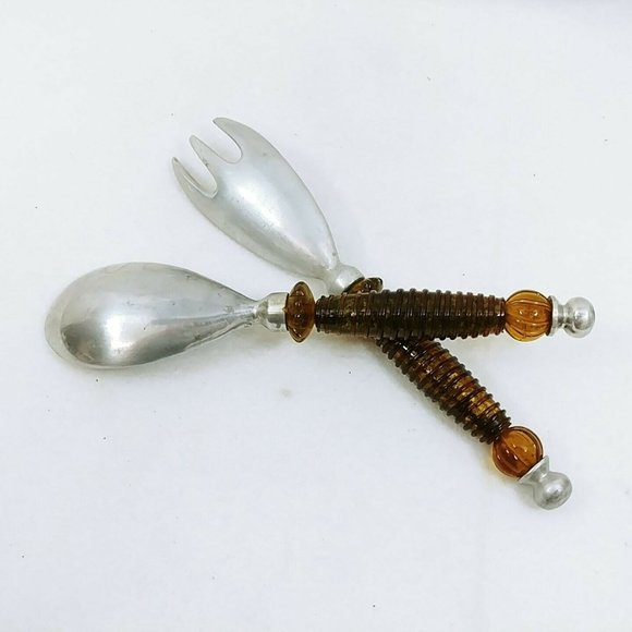 Salad Fork Spoon Amber Plastic Handle Glitter Interior Aluminum Ends Retro Vtg - Picture 4 of 9